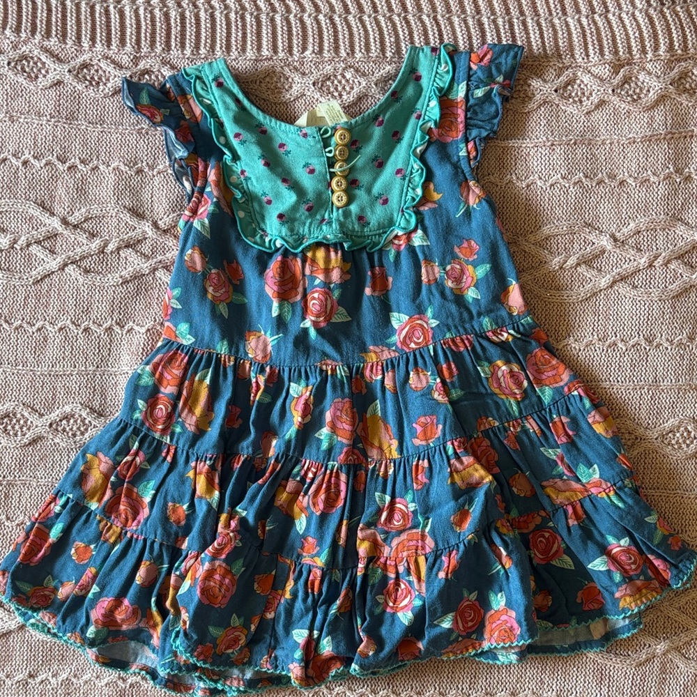 Matilda Jane Teal Floral Tiered Dress with Rose Print